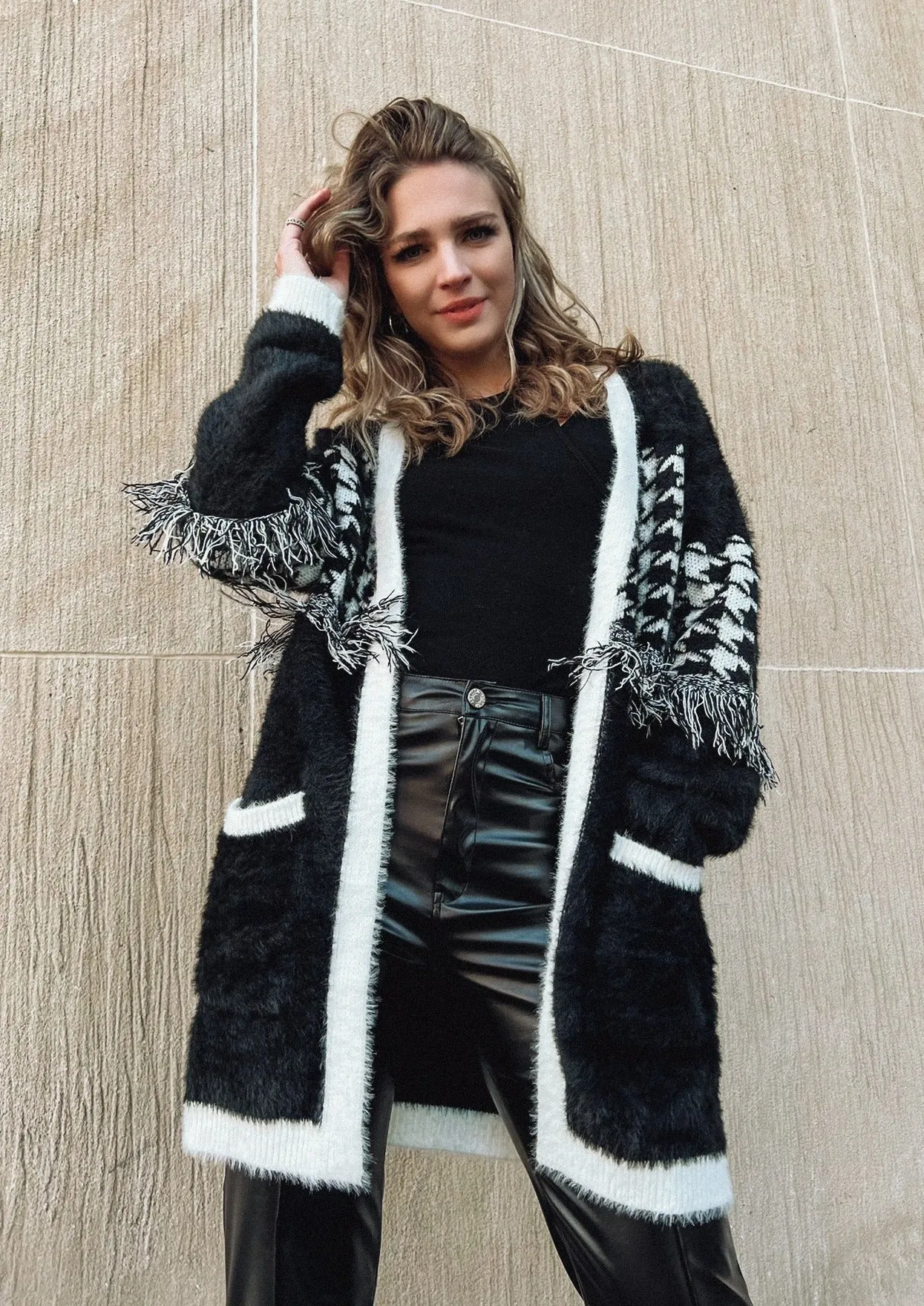 Dominique Black Houndstooth Cardigan