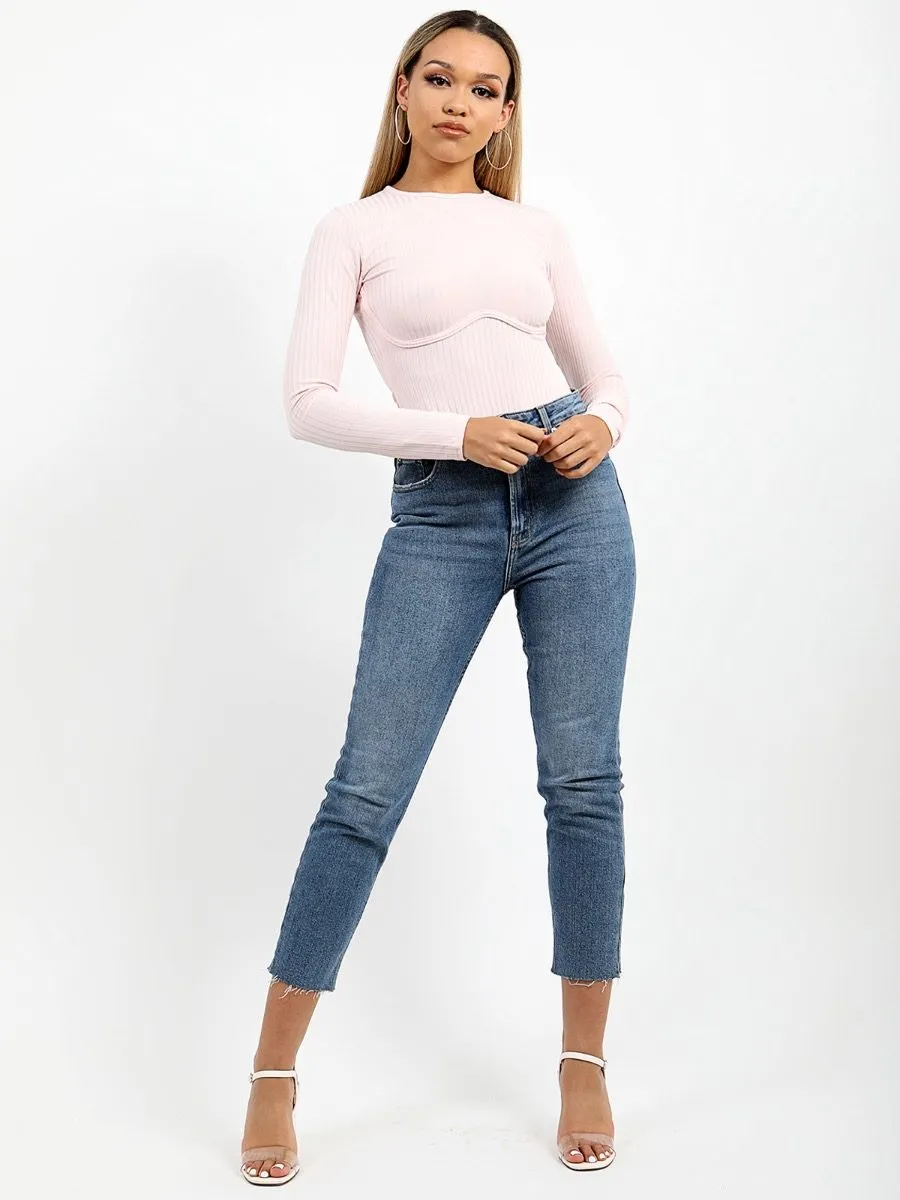 Ellie Ribbed Corset Detail Bodysuit In Pink