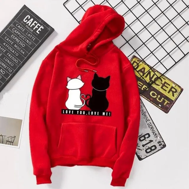 Fashion Cat Print Loose O-Neck Hoodie