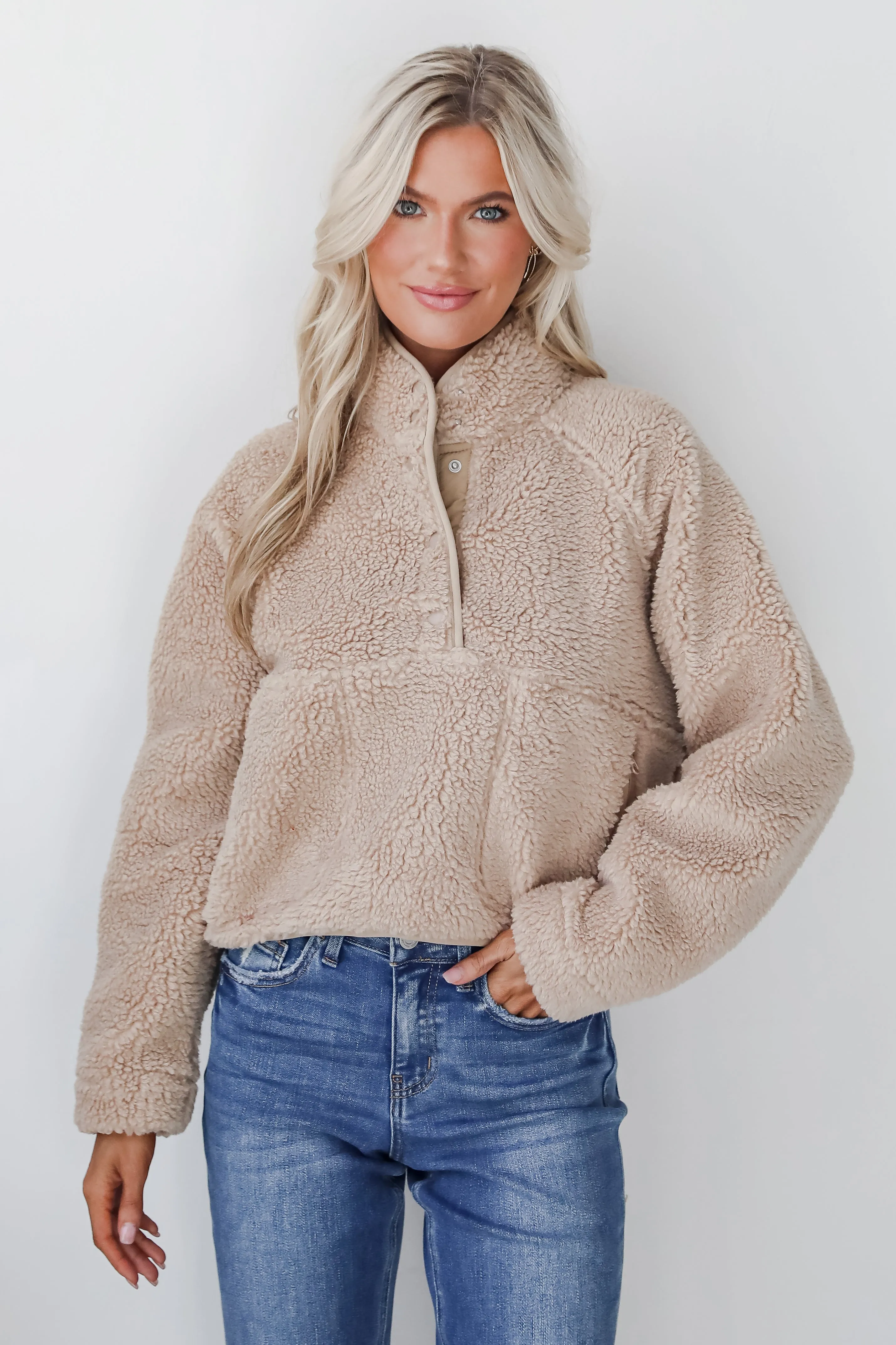 FINAL SALE - Hit The Slopes Beige Sherpa Pullover - DOORBUSTER