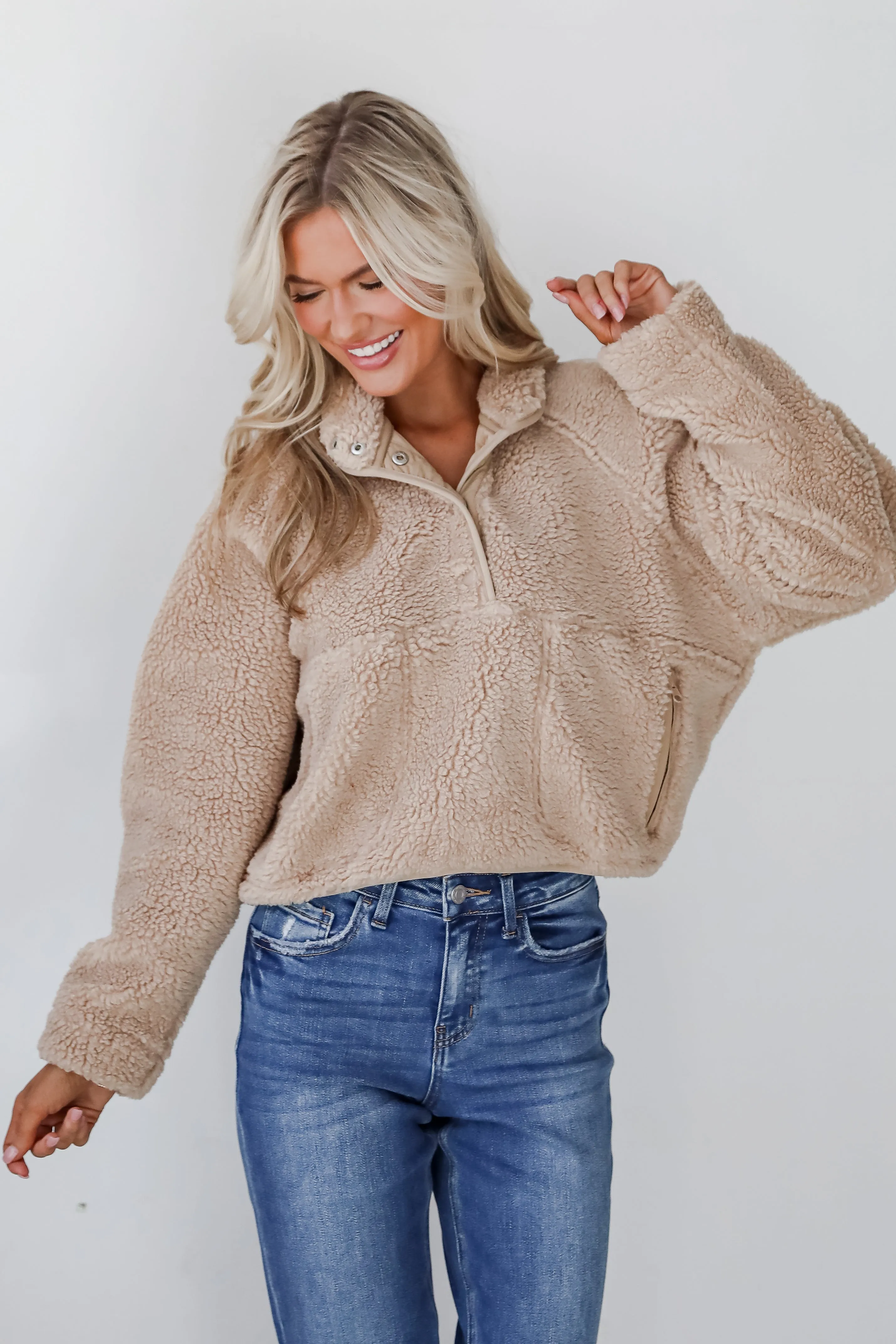FINAL SALE - Hit The Slopes Beige Sherpa Pullover - DOORBUSTER