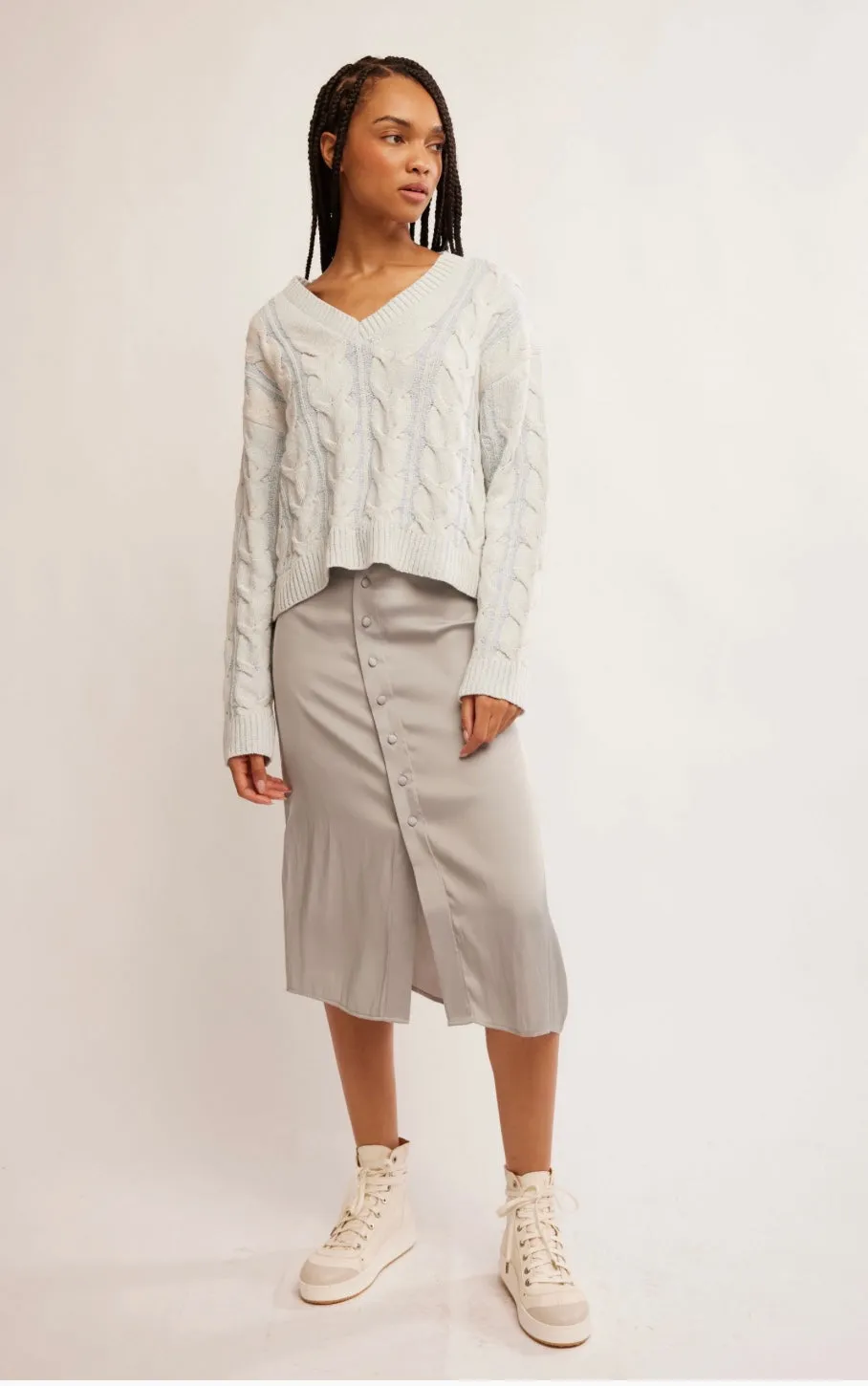 Free People Washed Cable V-neck Cable Sweater