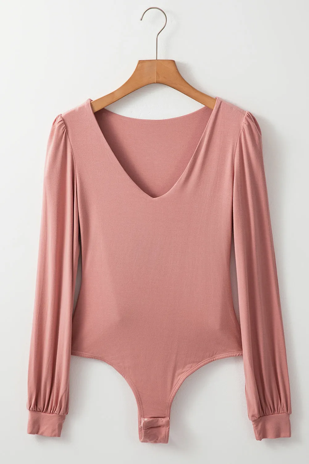 Fushia Plain V neck Long Sleeve Casual Bodysuit