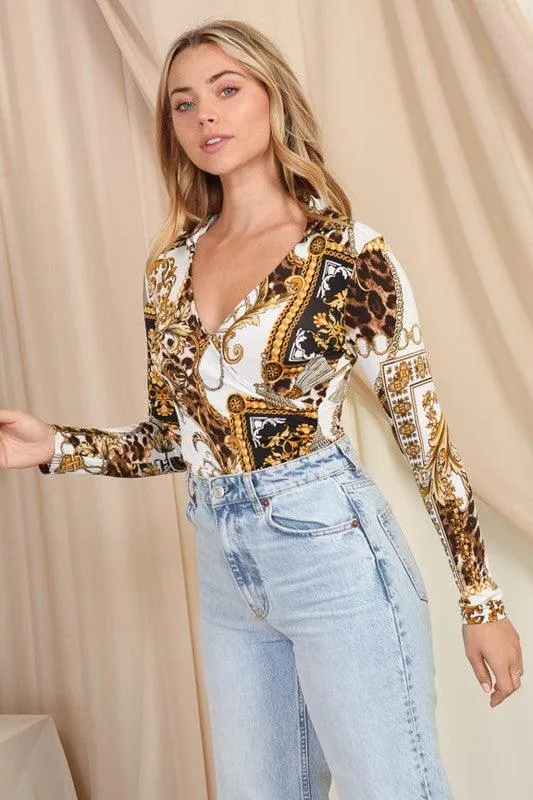 gilding, chains & leopard surplice bodysuit