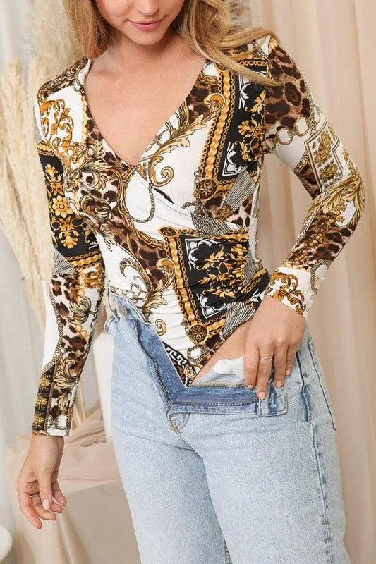 gilding, chains & leopard surplice bodysuit