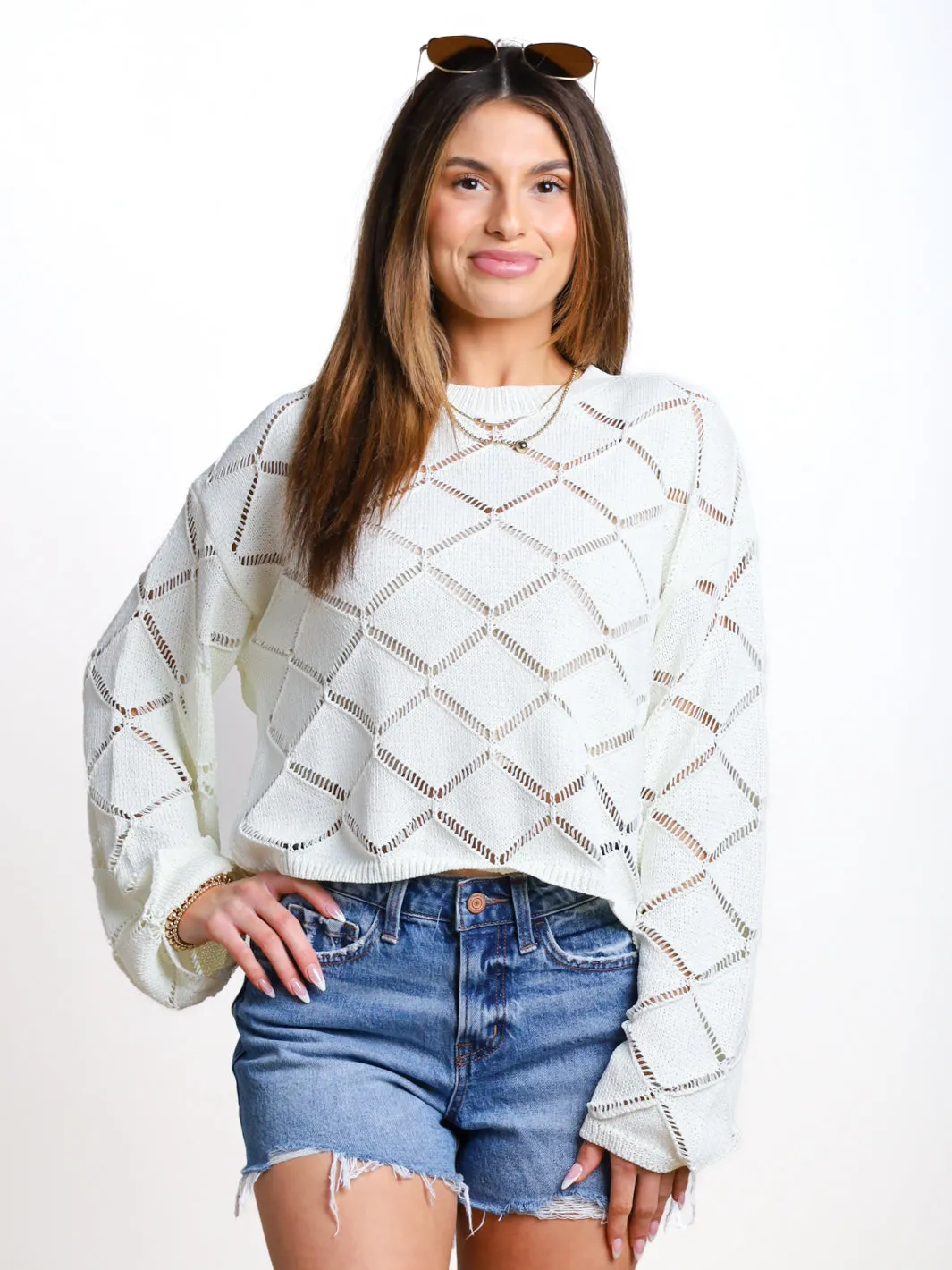 Grow Together Open Knit Diamond Pattern Sweater