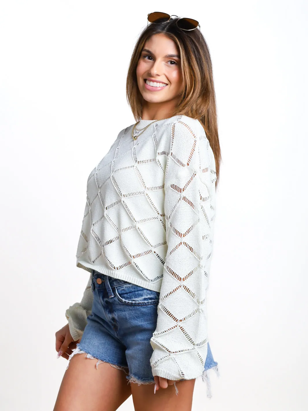 Grow Together Open Knit Diamond Pattern Sweater