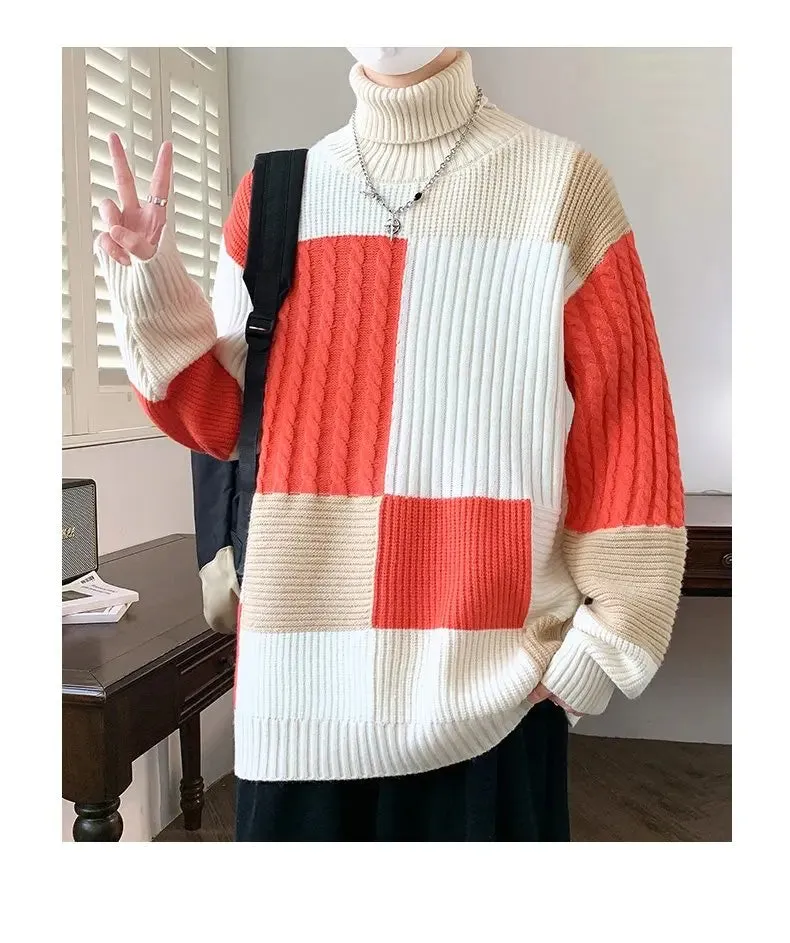 Herbst Winter Mode Rollkragenpullover Männer Jugendliche Vitalität Patchwork Lose Gestrickte Pullover Herren Beiläufige Gestrickte Pullover
