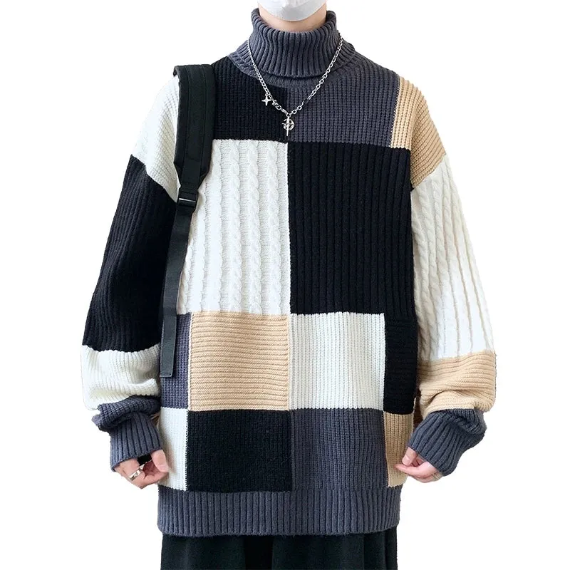 Herbst Winter Mode Rollkragenpullover Männer Jugendliche Vitalität Patchwork Lose Gestrickte Pullover Herren Beiläufige Gestrickte Pullover