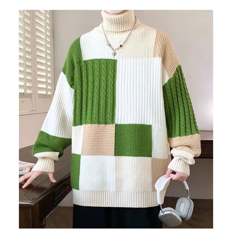 Herbst Winter Mode Rollkragenpullover Männer Jugendliche Vitalität Patchwork Lose Gestrickte Pullover Herren Beiläufige Gestrickte Pullover