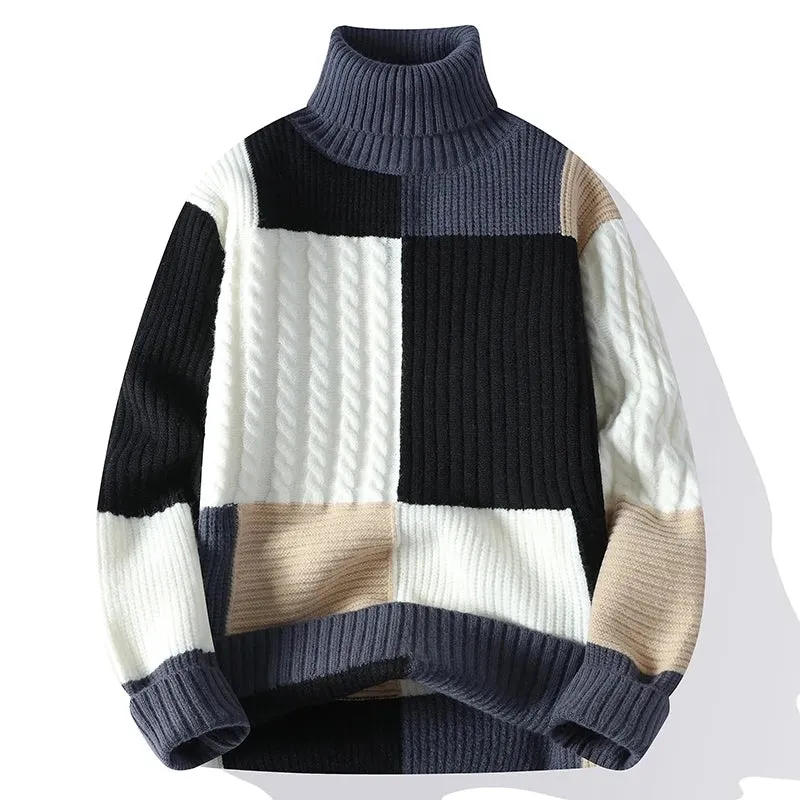 Herbst Winter Mode Rollkragenpullover Männer Jugendliche Vitalität Patchwork Lose Gestrickte Pullover Herren Beiläufige Gestrickte Pullover