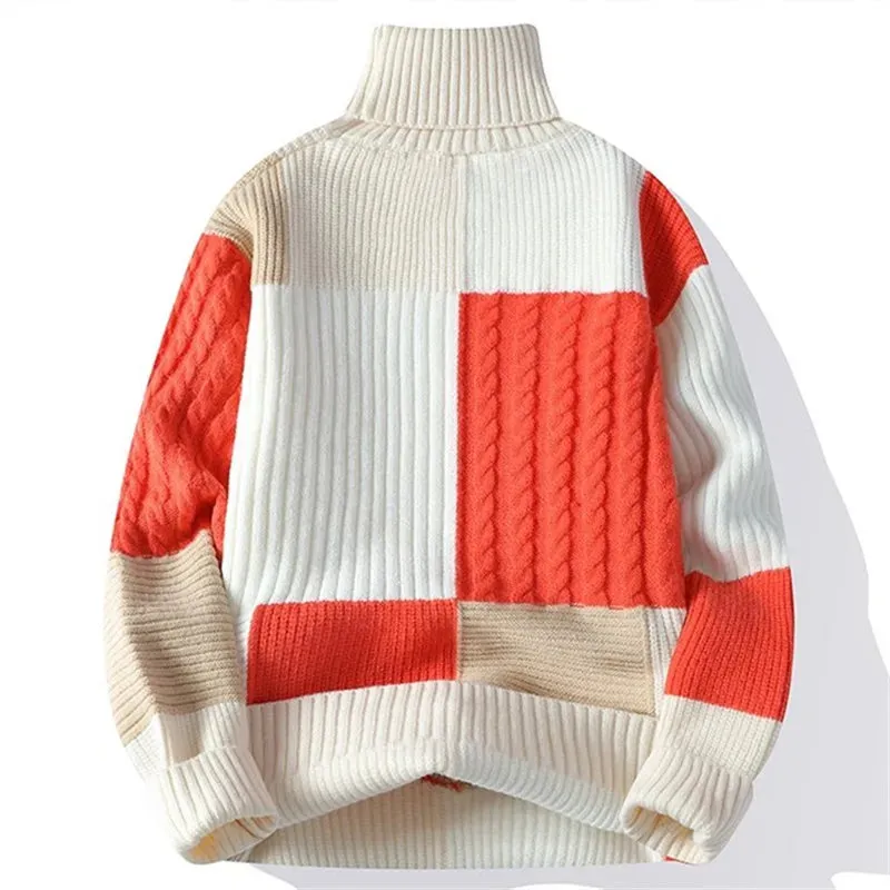 Herbst Winter Mode Rollkragenpullover Männer Jugendliche Vitalität Patchwork Lose Gestrickte Pullover Herren Beiläufige Gestrickte Pullover