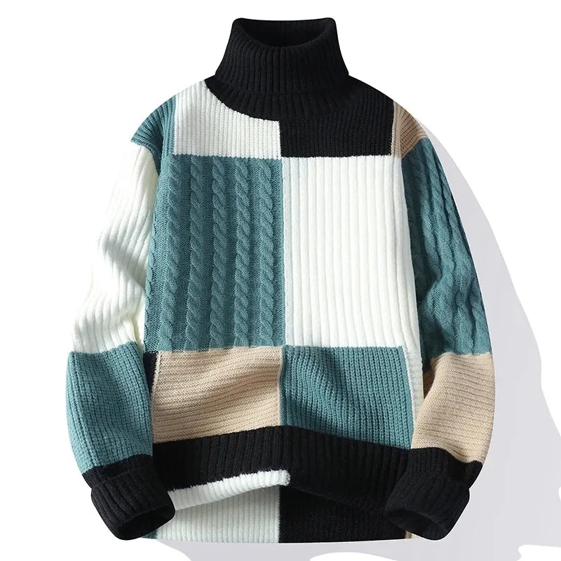 Herbst Winter Mode Rollkragenpullover Männer Jugendliche Vitalität Patchwork Lose Gestrickte Pullover Herren Beiläufige Gestrickte Pullover