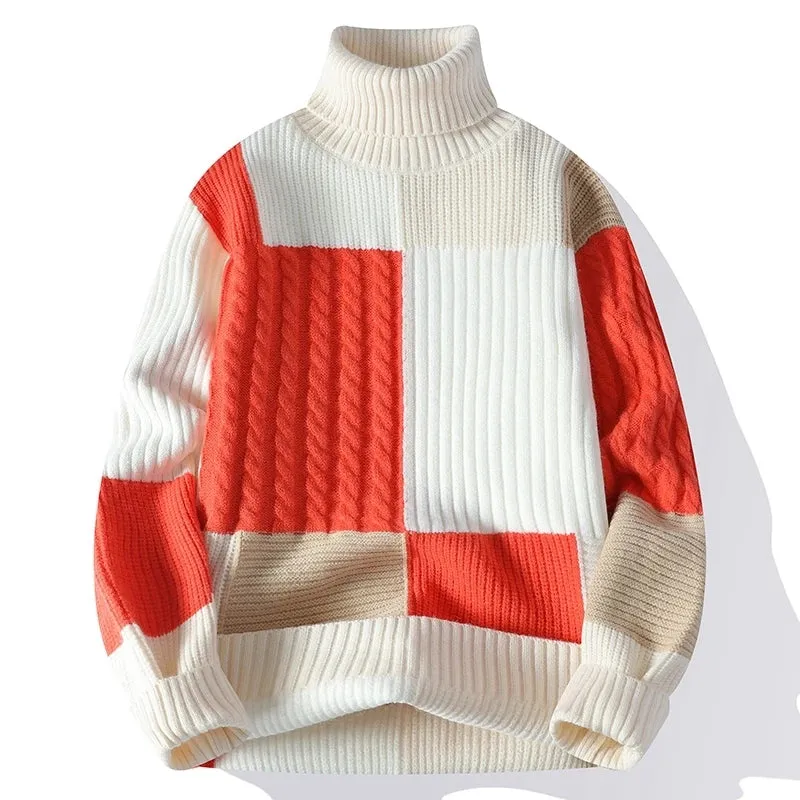 Herbst Winter Mode Rollkragenpullover Männer Jugendliche Vitalität Patchwork Lose Gestrickte Pullover Herren Beiläufige Gestrickte Pullover
