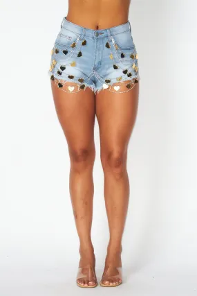 Judith Metallic Hearts Denim Jean Shorts