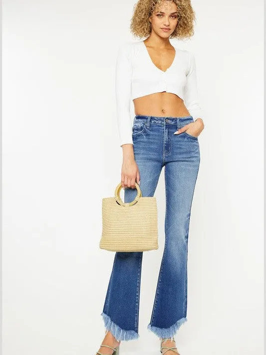 Kancan USA Denim Crush High-Rise Frayed Hem Flare Jeans