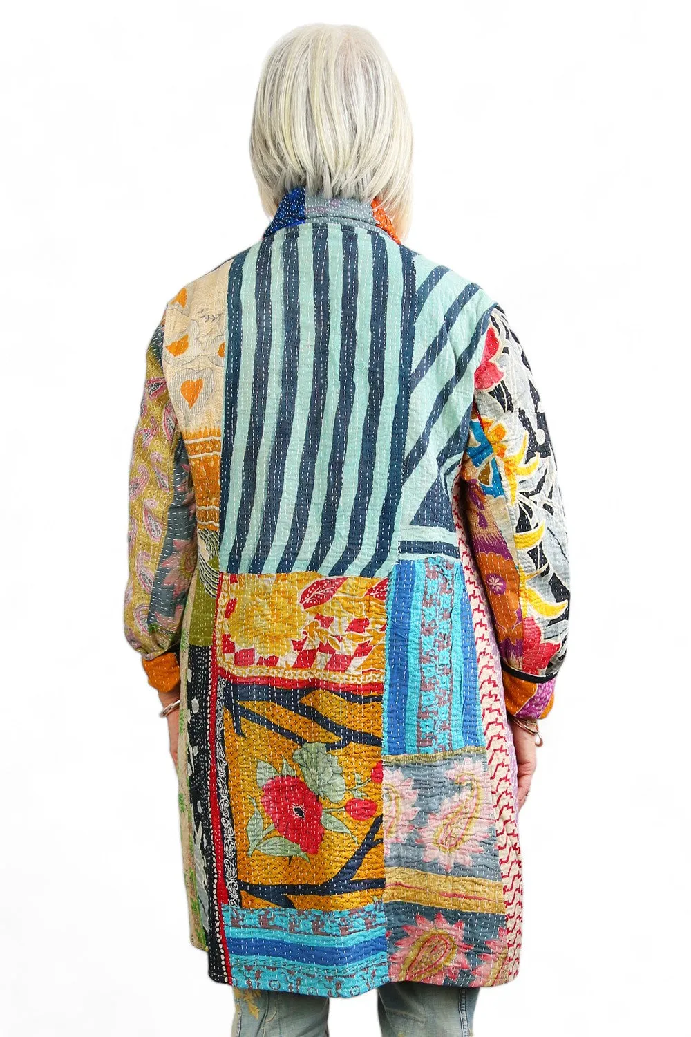 KANTHA COAT REVERSIBLE PATCHWORK GREEN DIAMOND