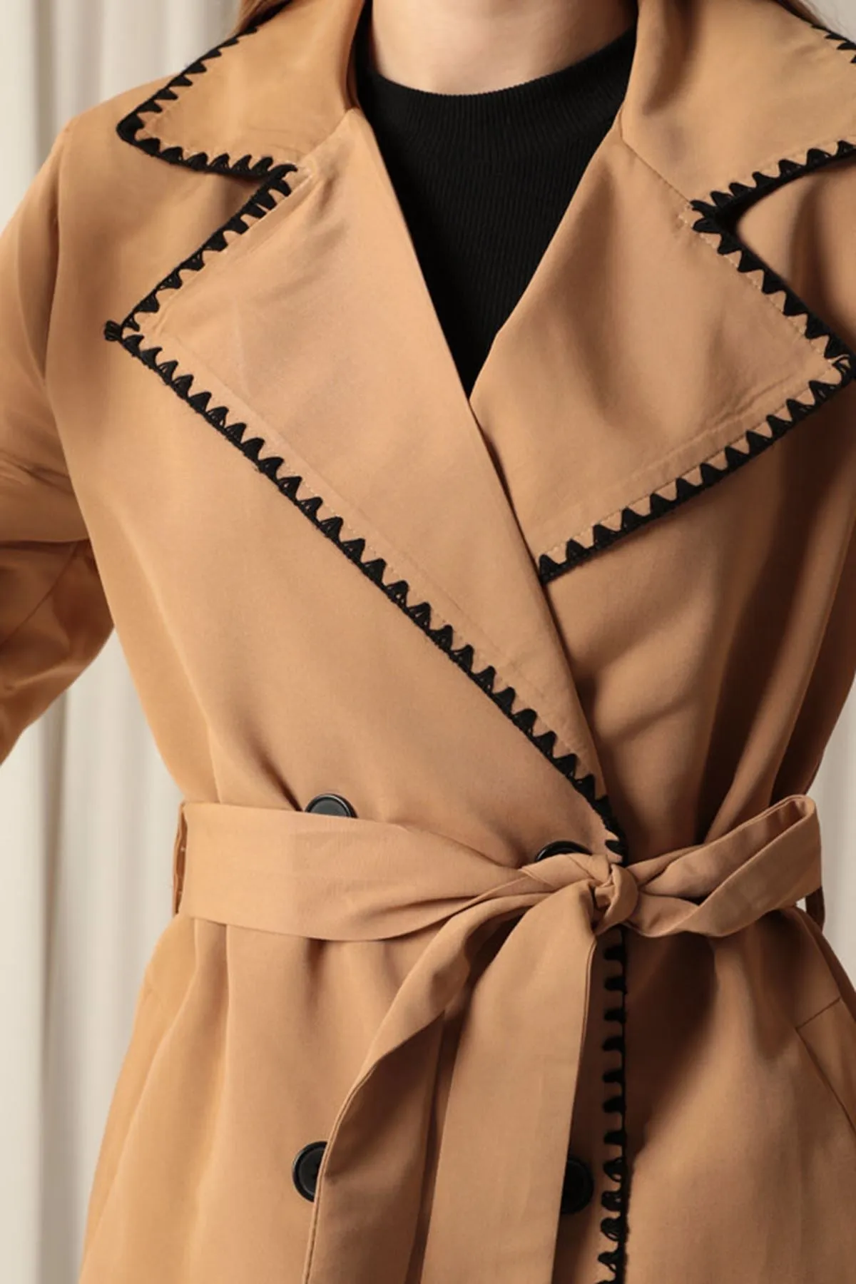 KKT Torino Fabric Cardigan Stitched Women's Camel Trench Coat - East Orange