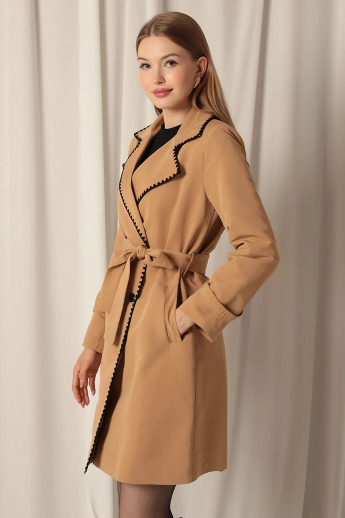 KKT Torino Fabric Cardigan Stitched Women's Camel Trench Coat - East Orange