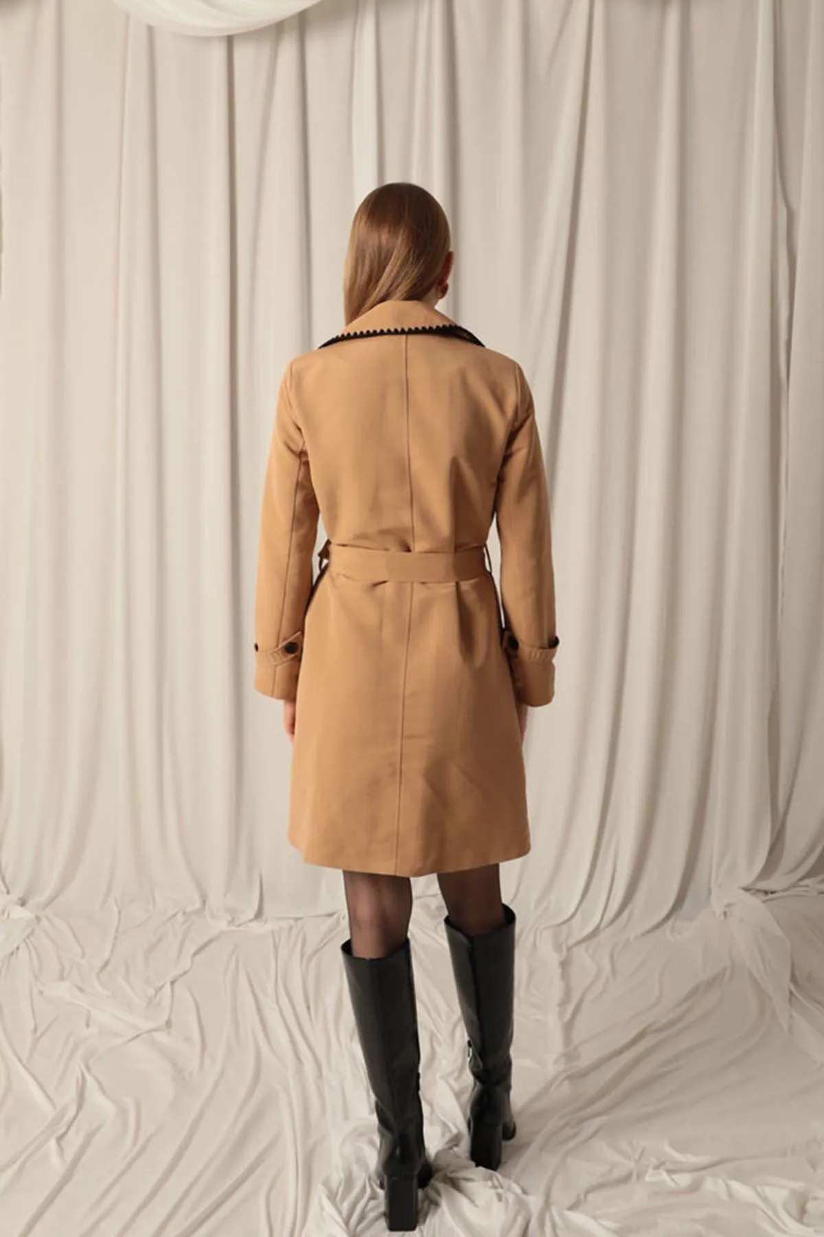 KKT Torino Fabric Cardigan Stitched Women's Camel Trench Coat - East Orange