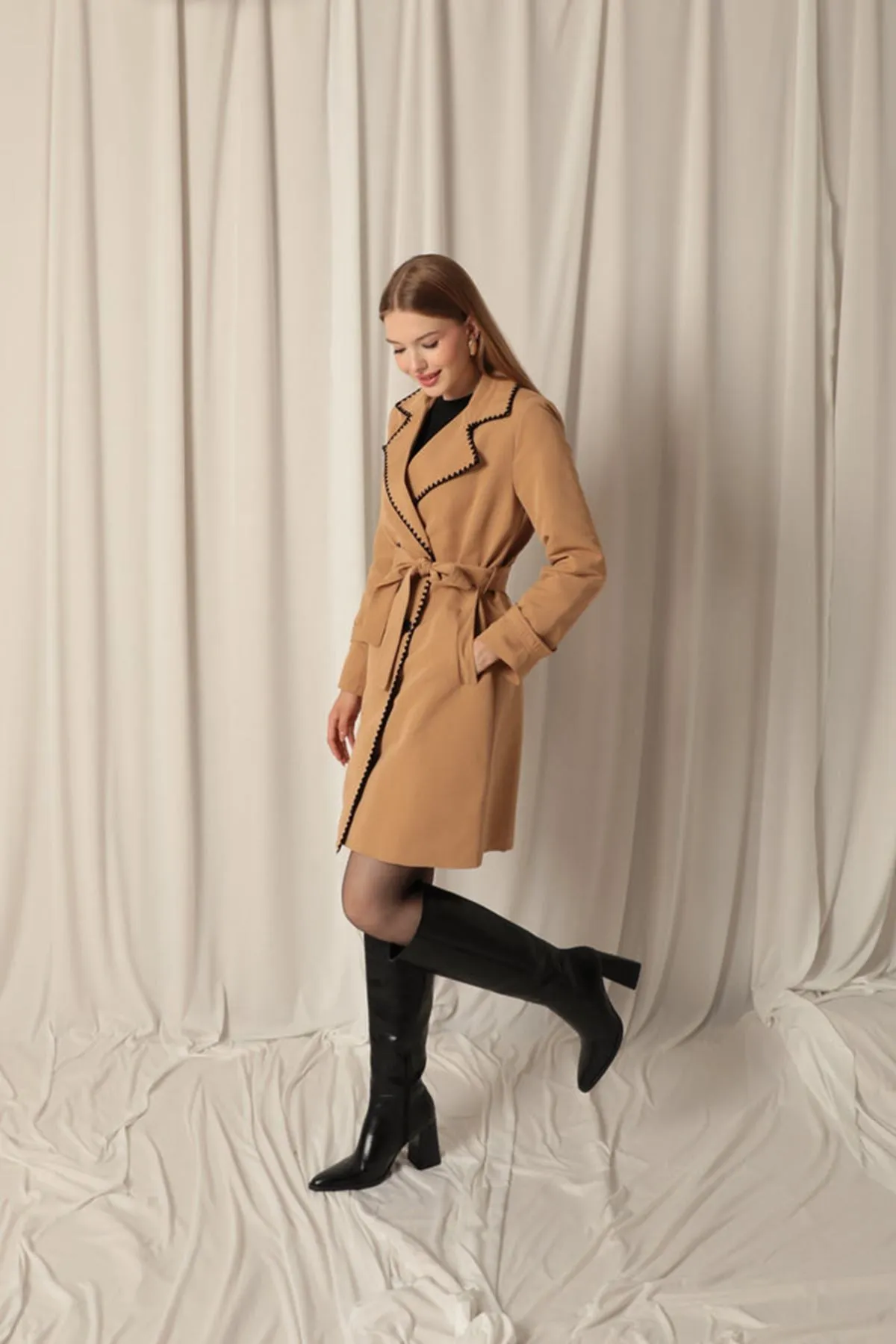 KKT Torino Fabric Cardigan Stitched Women's Camel Trench Coat - East Orange