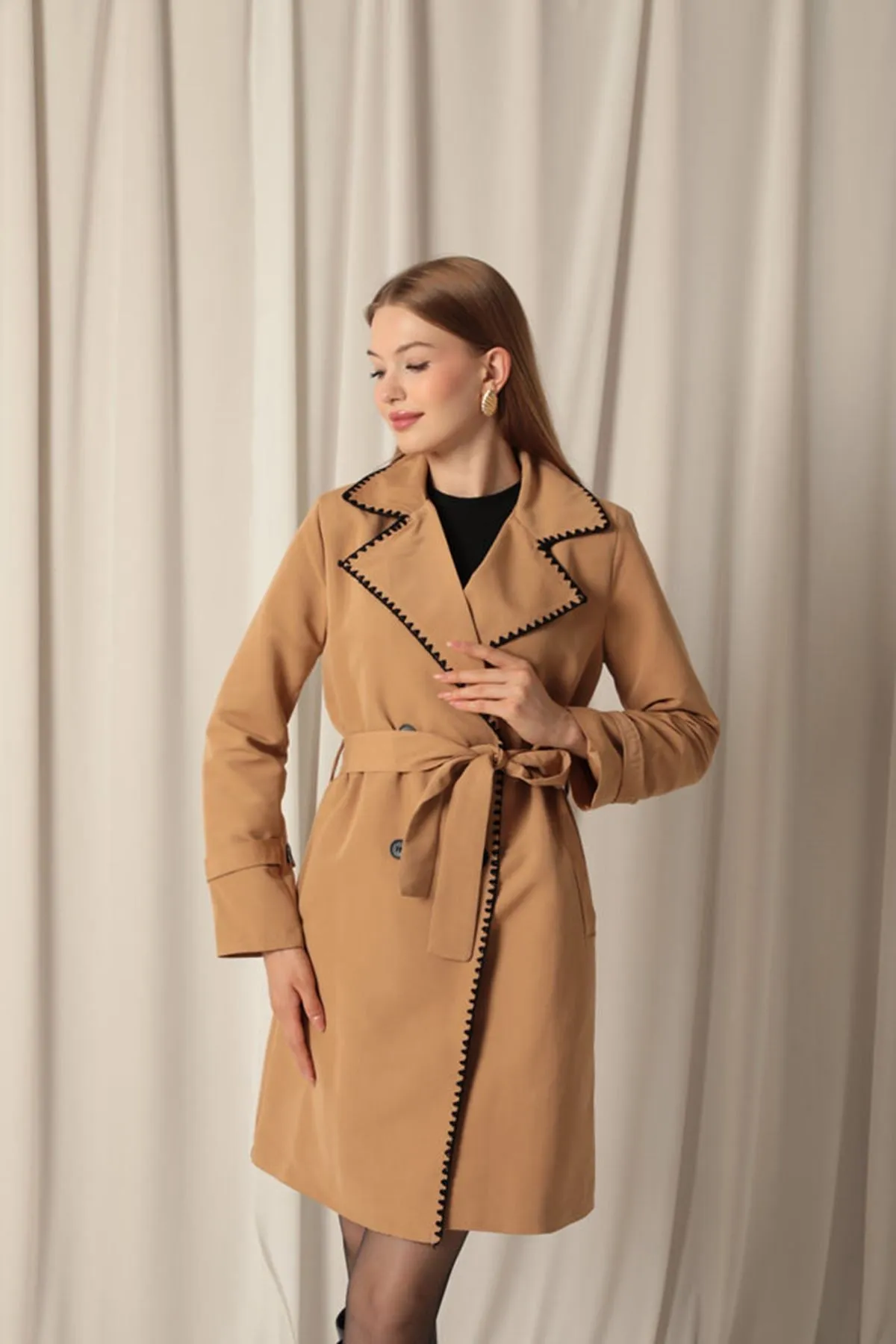 KKT Torino Fabric Cardigan Stitched Women's Camel Trench Coat - East Orange