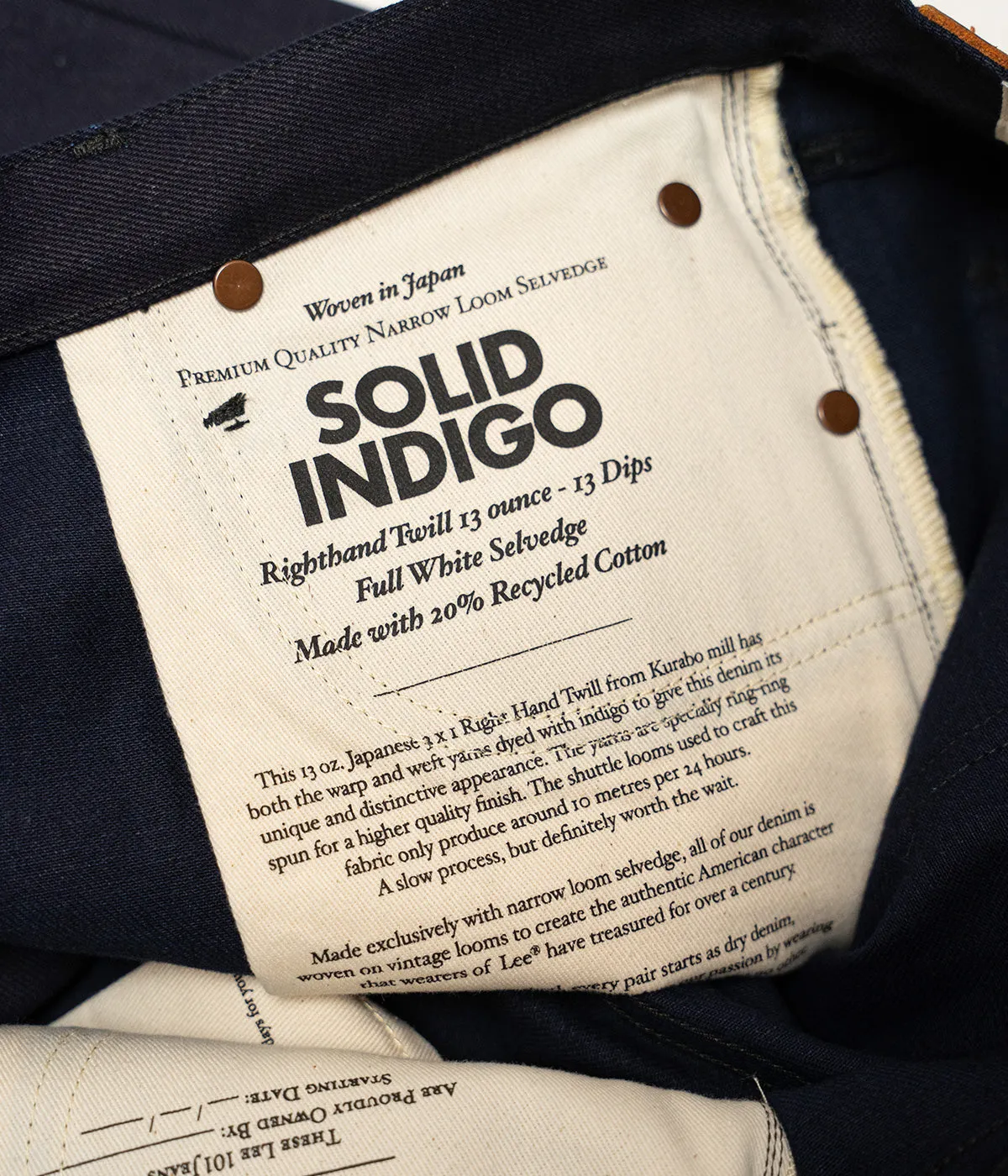 LEE 101 L DRY SELVEDGE DENIM JAPANESE FABRIC MADE IN ITALY