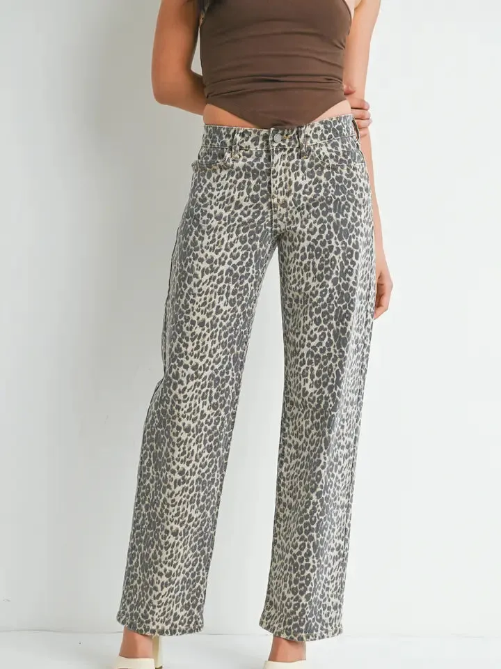 Lena Low Rise Leopard Straight Leg Jeans