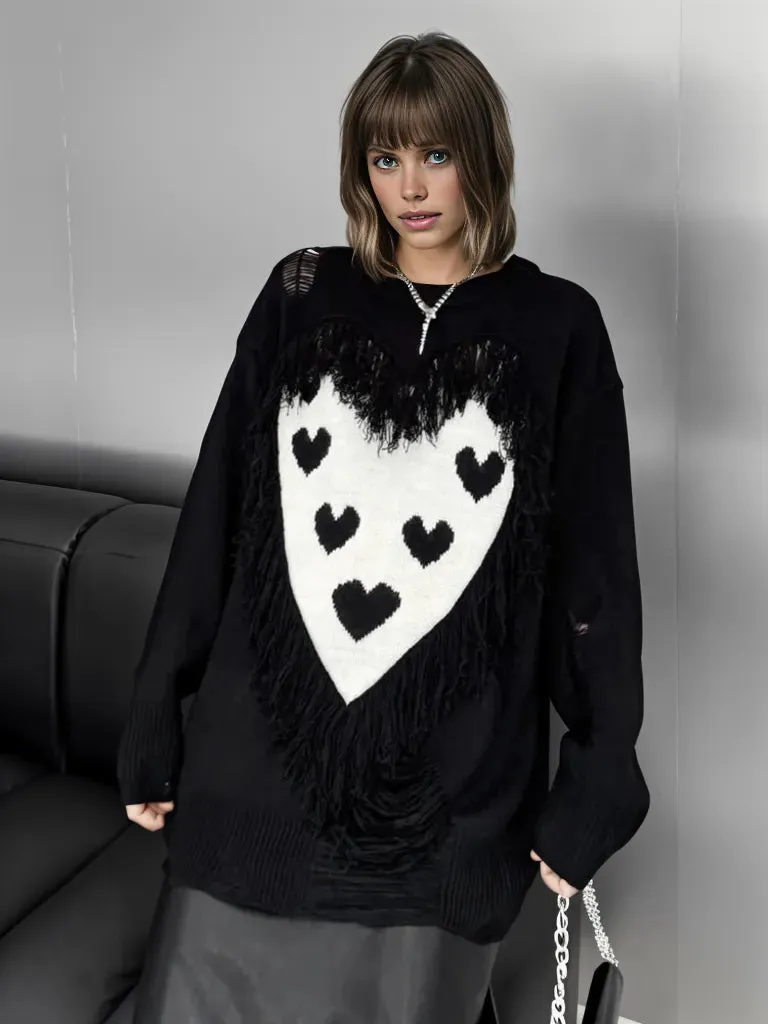 Limited Edition Gothic Heart Print Pullover - Oversized Fit, Rough Finish