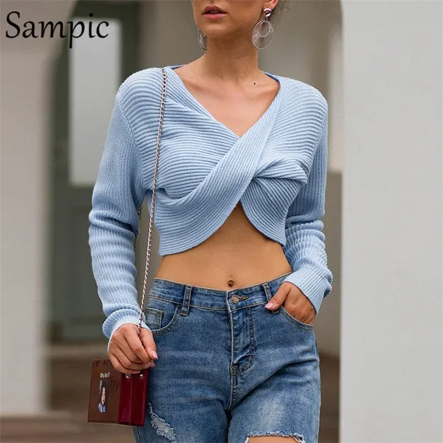Long Sleeve Pullover Knitted Women Sweater V Neck