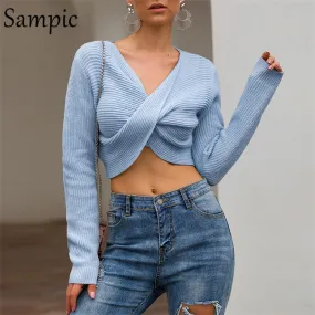 Long Sleeve Pullover Knitted Women Sweater V Neck
