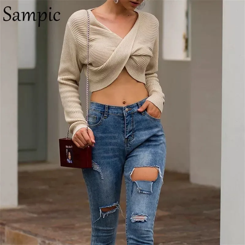 Long Sleeve Pullover Knitted Women Sweater V Neck