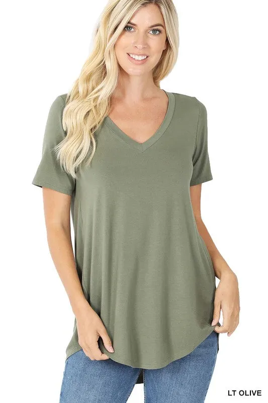 Luxe Rayon Short Sleeve V-Neck Hi-Low Hem Top