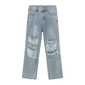 Men's Ripped Straight-Leg Jeans - Light Blue Korean Style