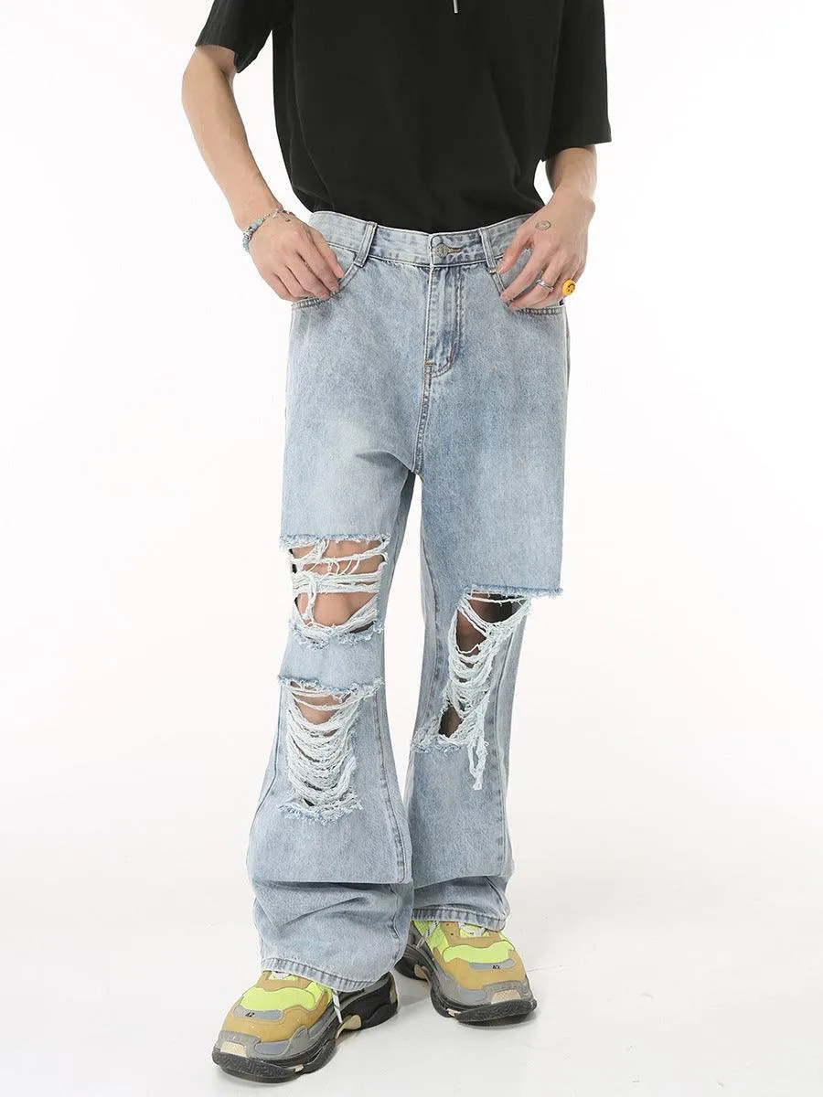 Men's Ripped Straight-Leg Jeans - Light Blue Korean Style
