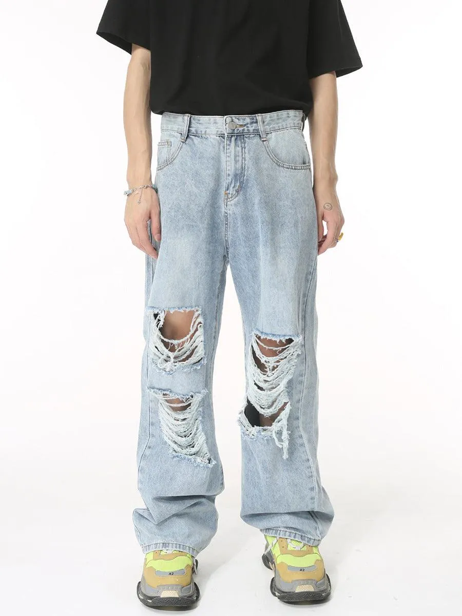 Men's Ripped Straight-Leg Jeans - Light Blue Korean Style