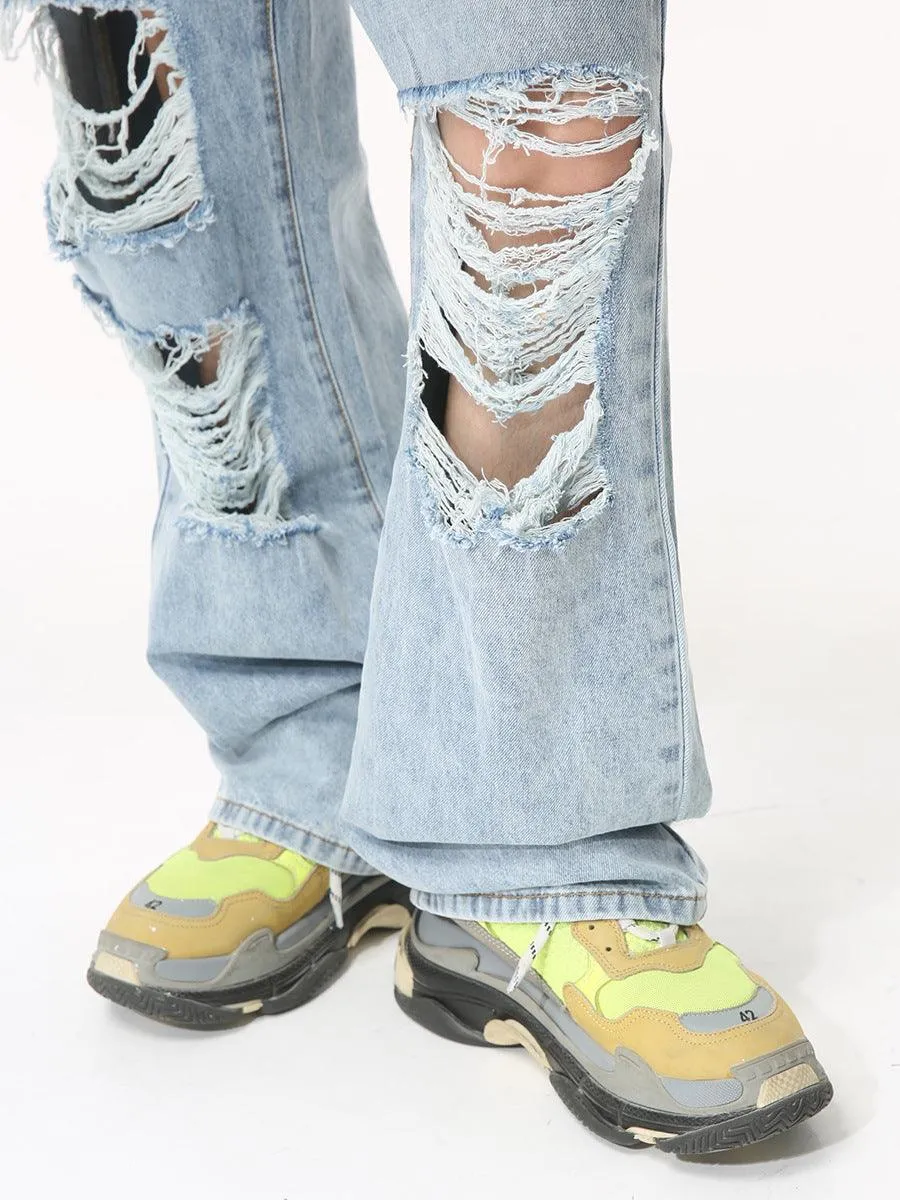 Men's Ripped Straight-Leg Jeans - Light Blue Korean Style