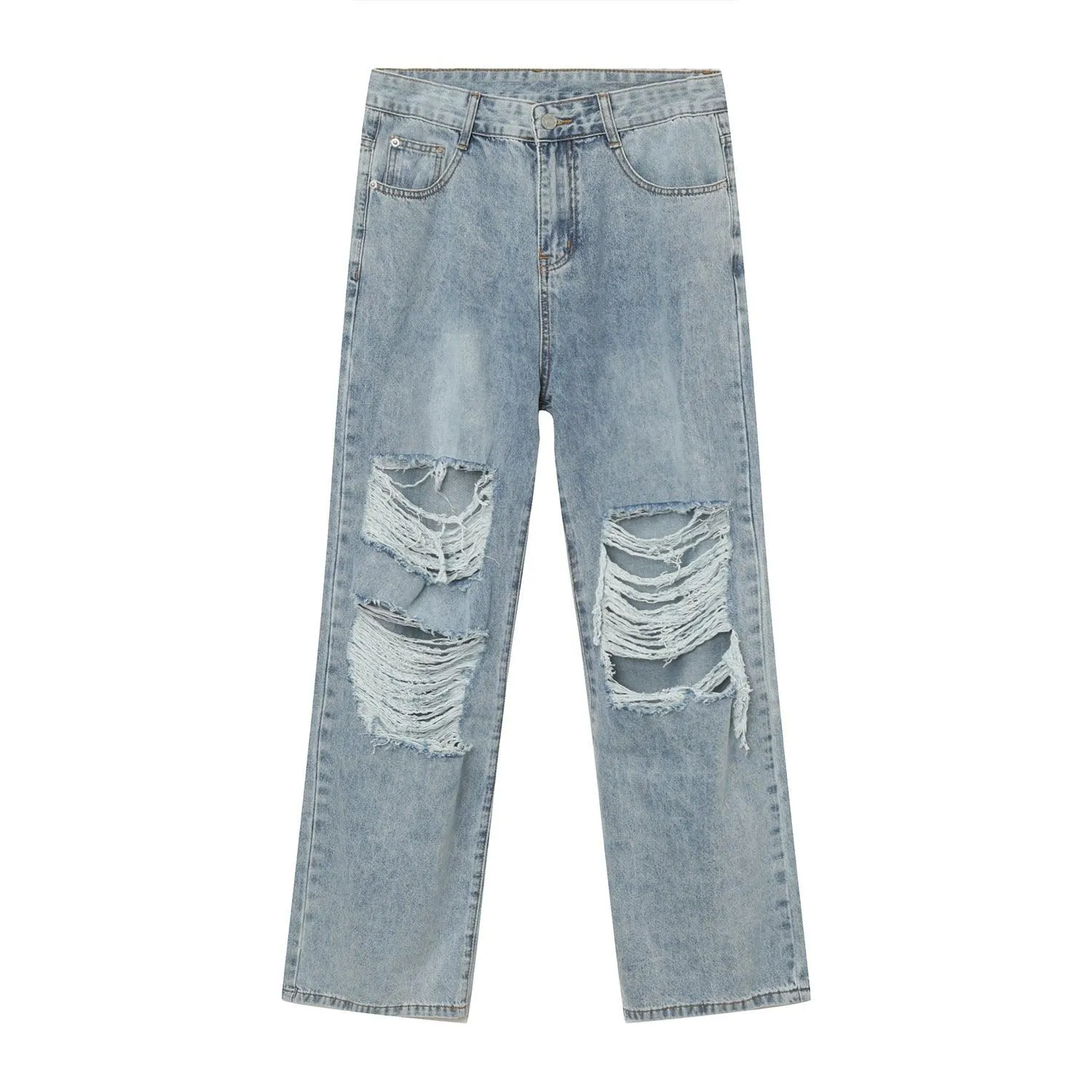 Men's Ripped Straight-Leg Jeans - Light Blue Korean Style