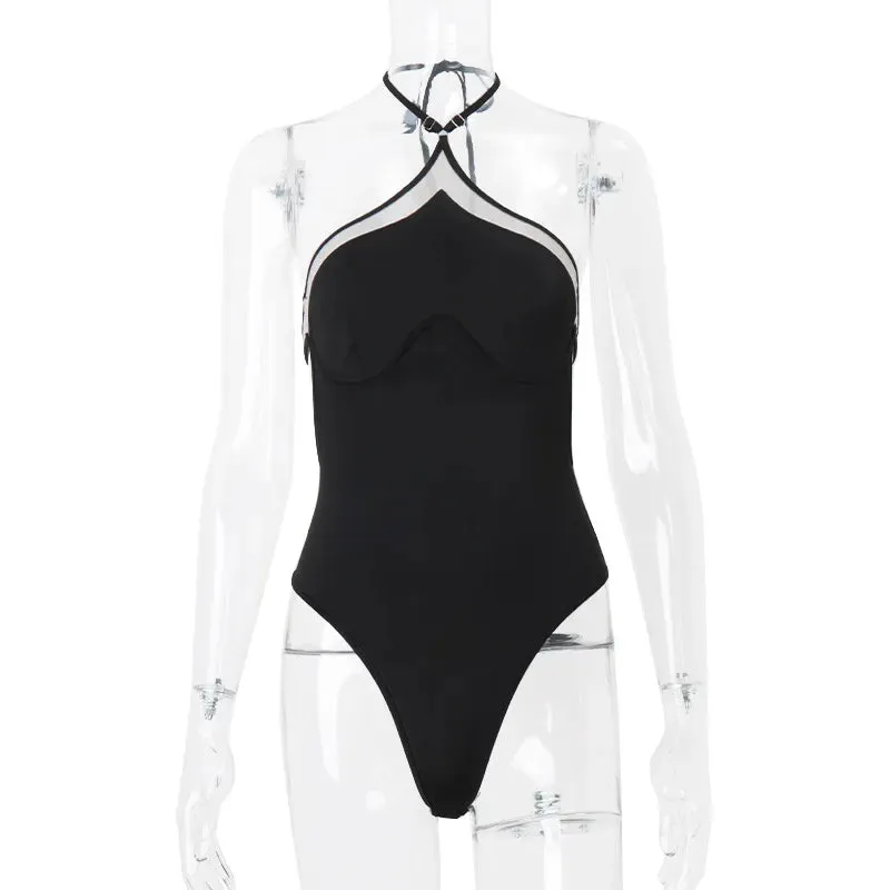 Mesh Bodysuit Backless Halter Top