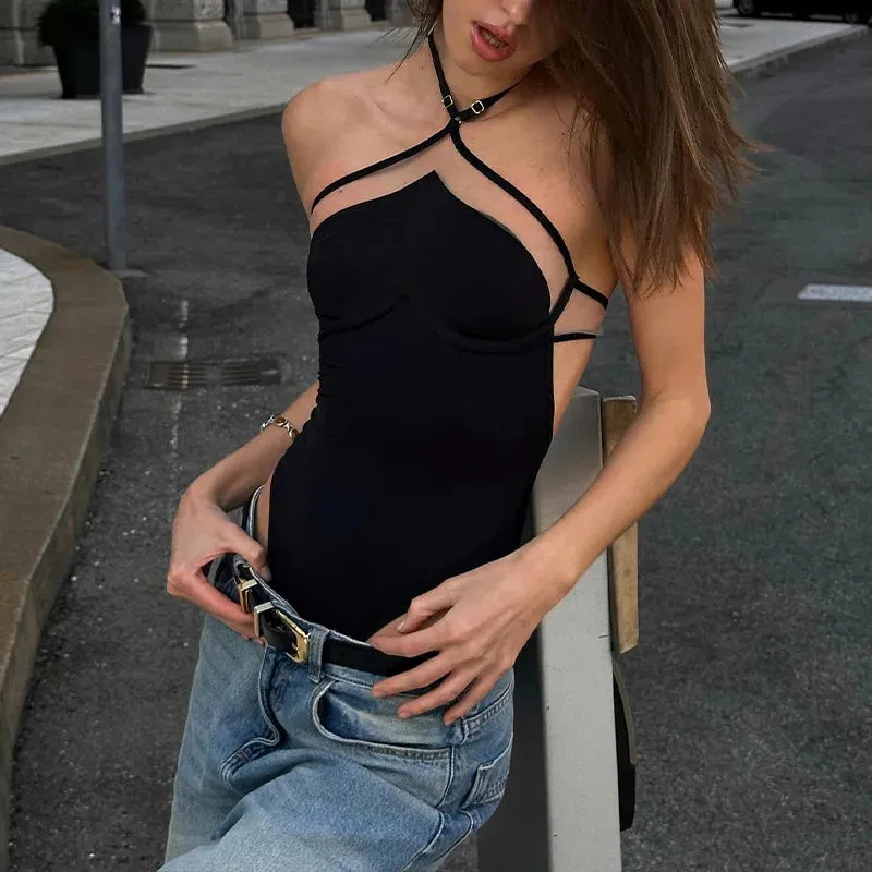 Mesh Bodysuit Backless Halter Top