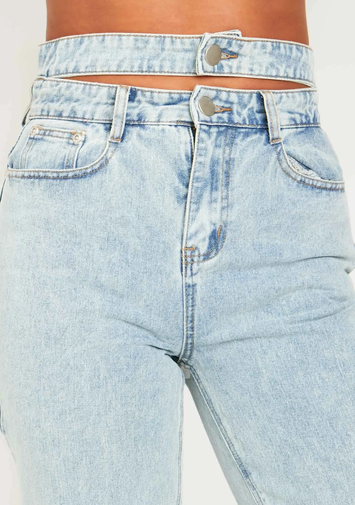 Mya Mid Wash Denim Double Waistband Straight Leg Jeans