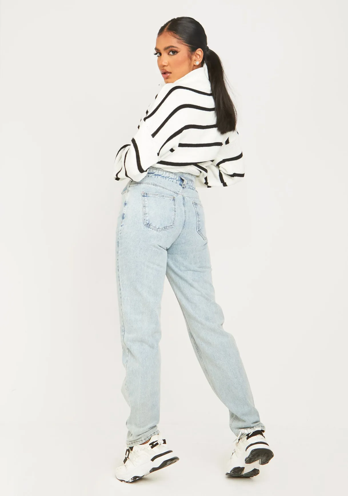 Mya Mid Wash Denim Double Waistband Straight Leg Jeans