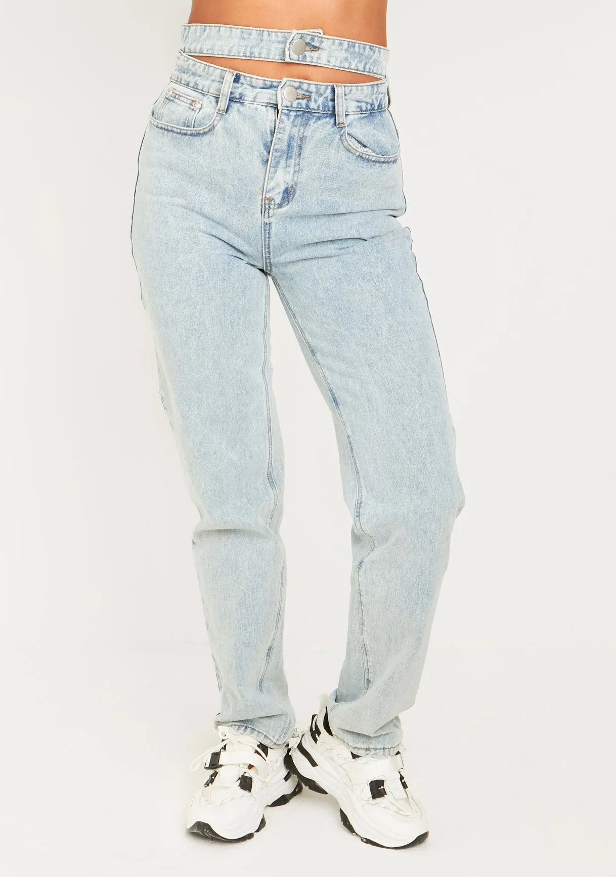 Mya Mid Wash Denim Double Waistband Straight Leg Jeans