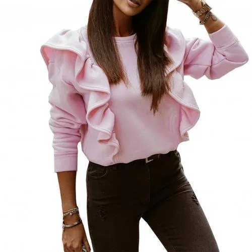 O Neck Ruffle Blouse Shirt Long Sleeve Thick Pullover Top