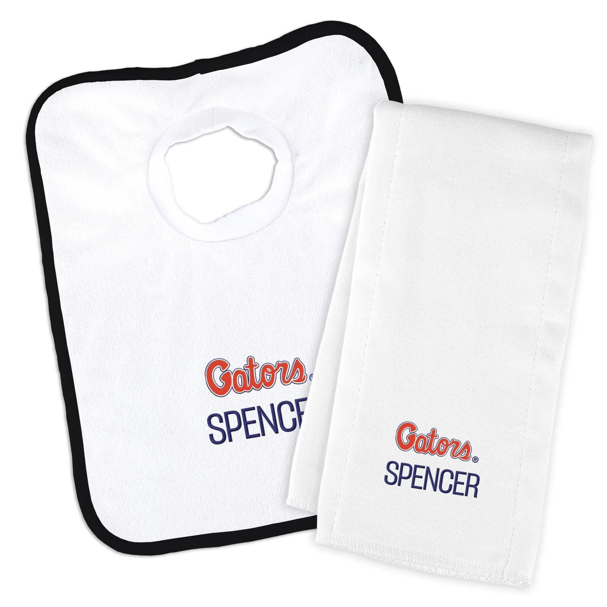 Personalized Florida Gators Script Gators Bib and Burp Cloth Set