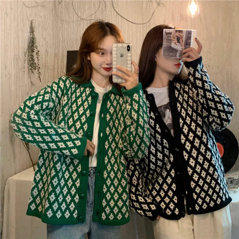 Plaid Elegant Knitted Cardigan Sweater