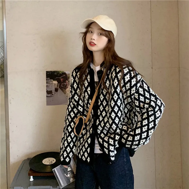 Plaid Elegant Knitted Cardigan Sweater