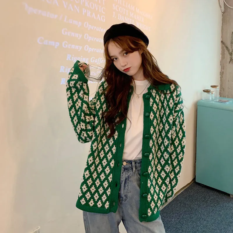 Plaid Elegant Knitted Cardigan Sweater