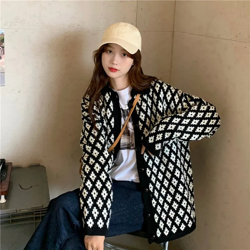 Plaid Elegant Knitted Cardigan Sweater