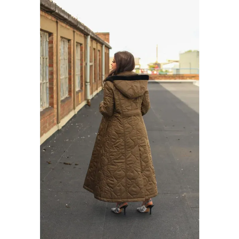 Quilted Single Breasted Longline Hooded Coat
